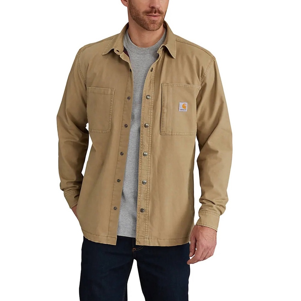RUGGED FLEX RELAXED FIT CANVAS FLEECE-LINED SNAP-FRONT SHIRT JACKET